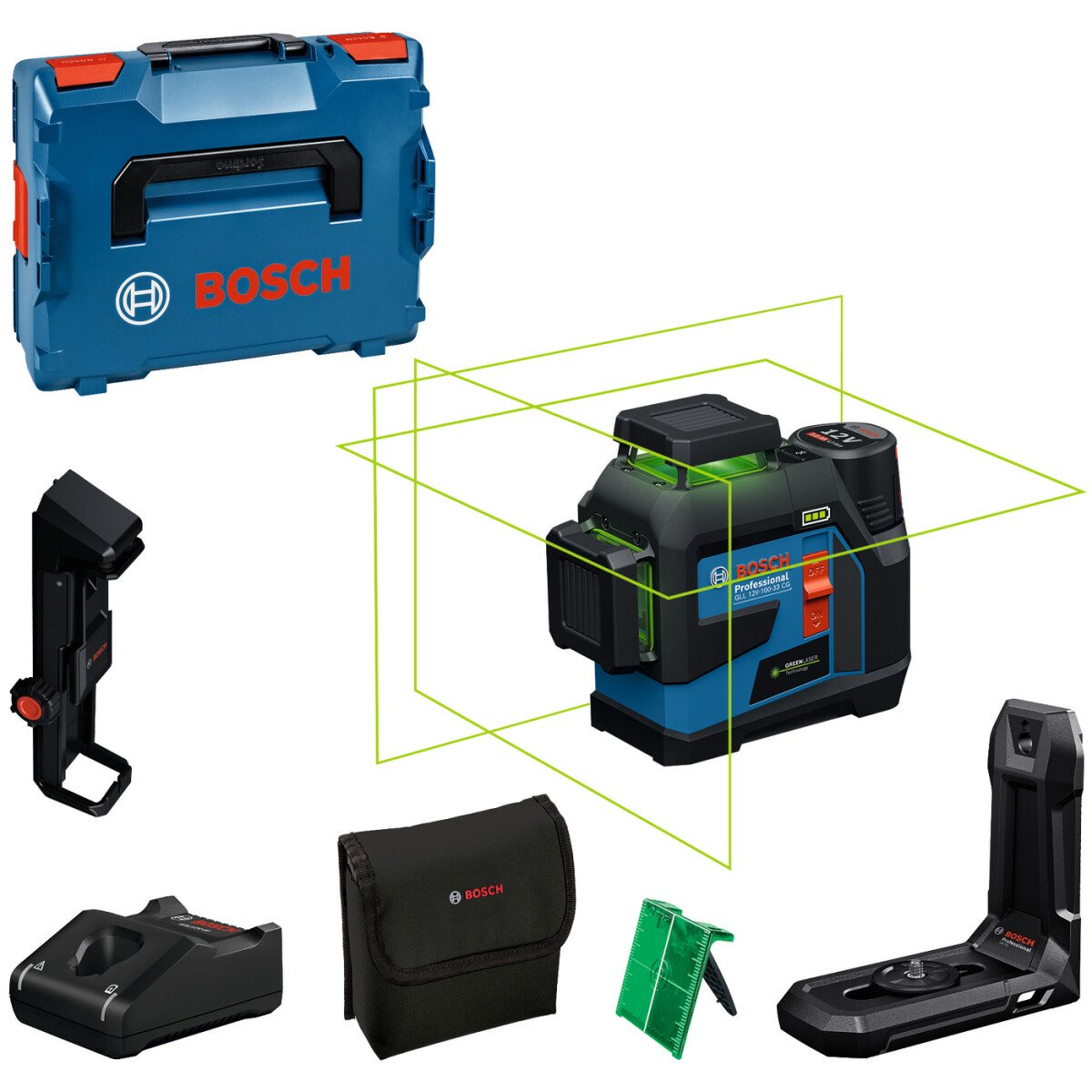 Bosch GLL 12V-100-33 CG + LB10 + DK20 12v 30m Green Line Laser (1 x 2.0ah) with Ceiling Clip in L-Boxx