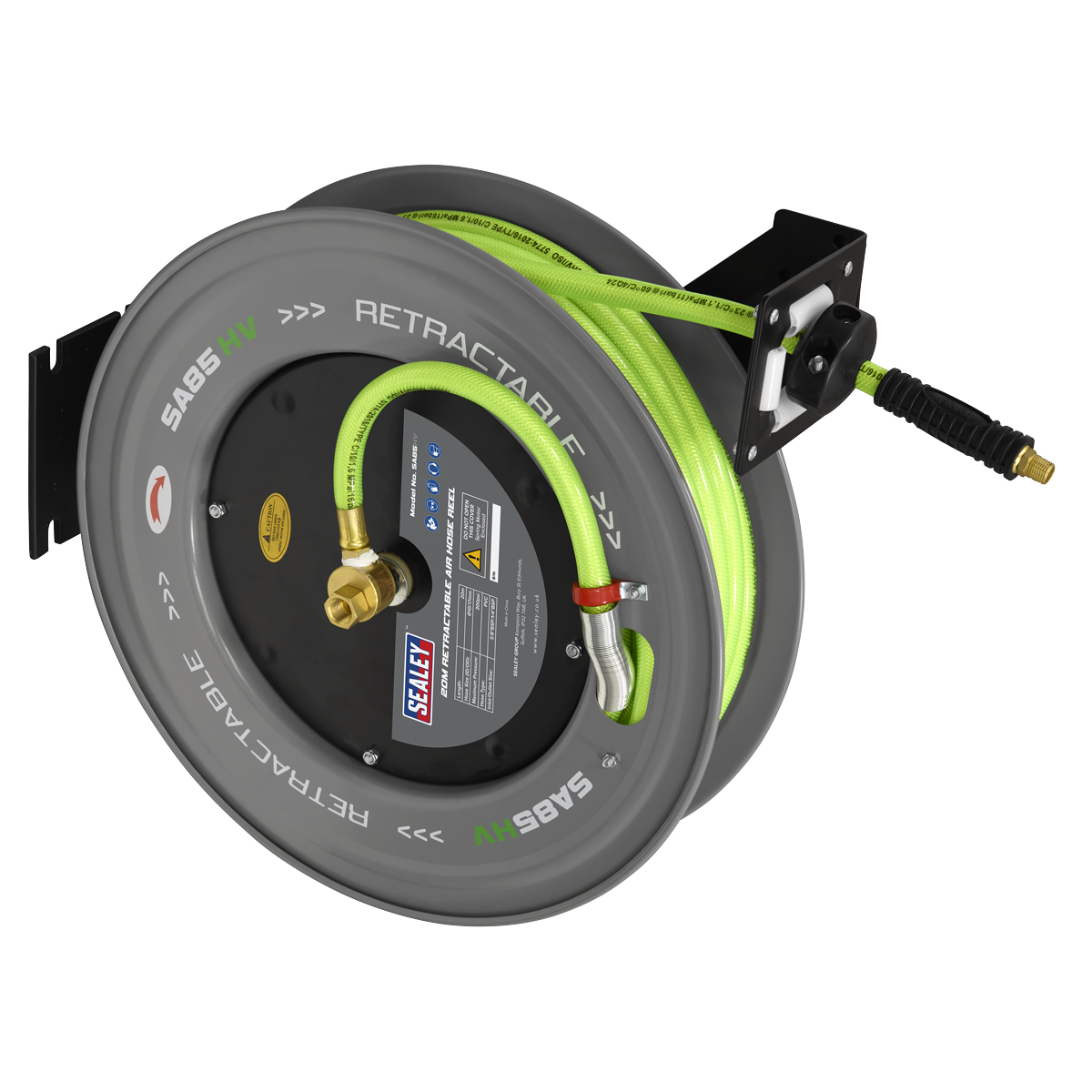 Sealey SA85HV 20m Retractable High-Visibility PVC Air Hose with Steel Reel 10mm ID