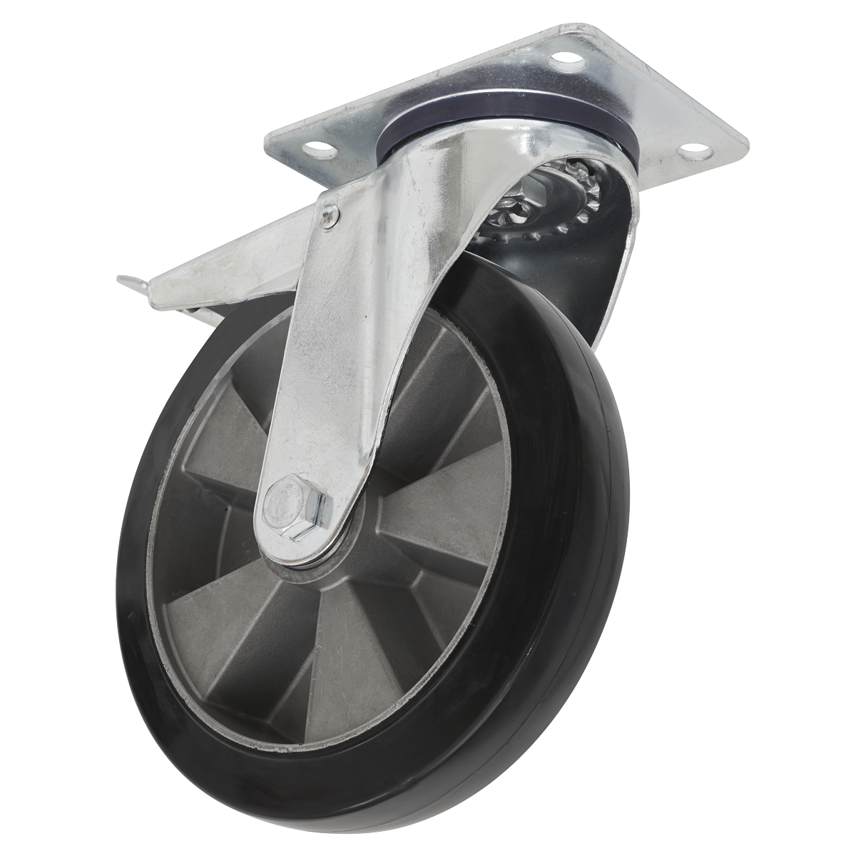 Sealey SCW5200SPLEM Heavy-Duty Rubber Castor Wheel Swivel with Total Lock ø200mm - Trade