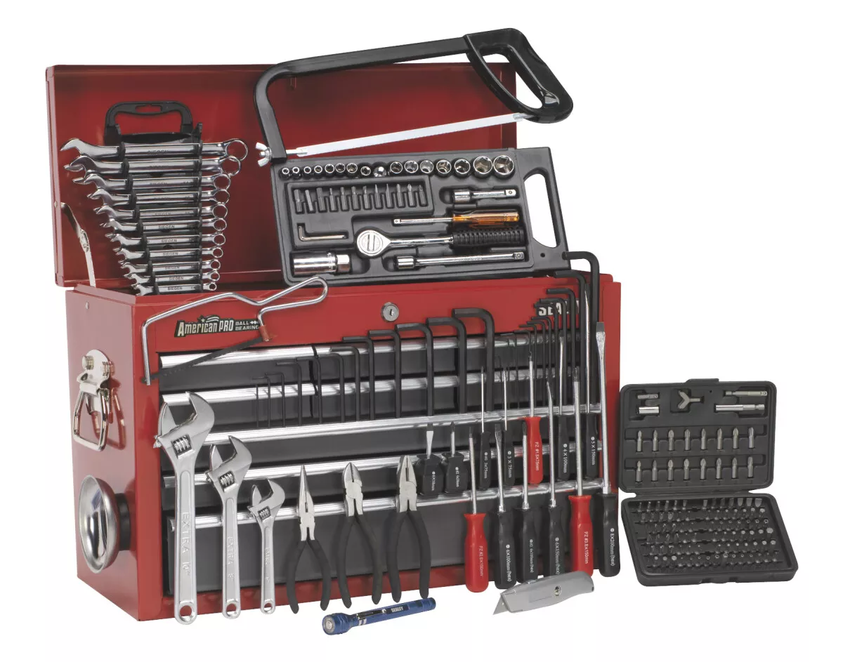 Sealey AP22509BBCOMB Topchest 9 Drawer with Ball Bearing Runners - Red/Grey & 196pc Tool Kit