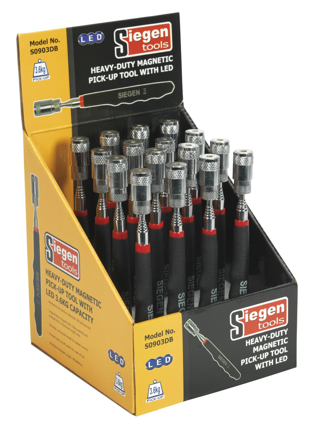 Sealey S0903DB Heavy-Duty Magnetic Pick-Up Tool with LED 3.6kg Capacity Display Box of 16