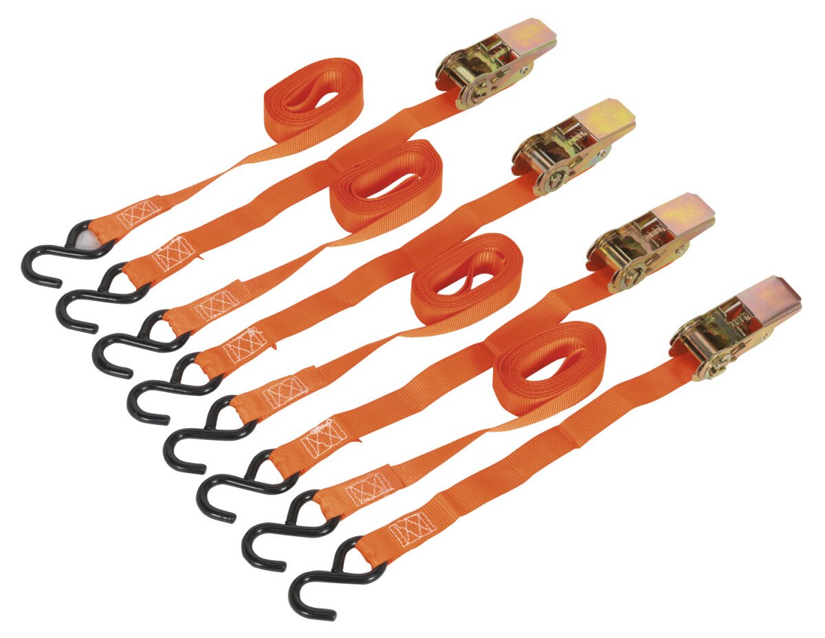 Sealey TD0540S4 Ratchet Tie Down 25mm x 4mtr Polyester Webbing with S Hooks 500kg Load T...