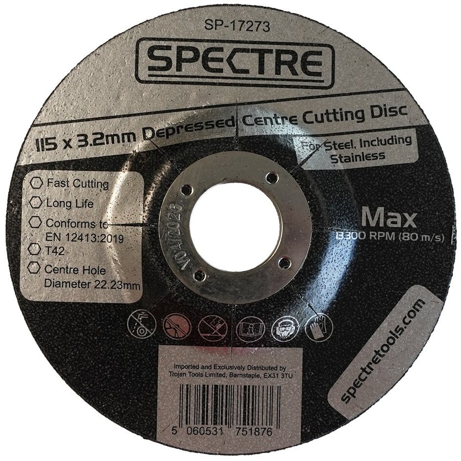 Spectre SP-17273 115mm x 3.2mm (4.5" x 1/8") Industrial Quality Metal Cutting Disc DPC