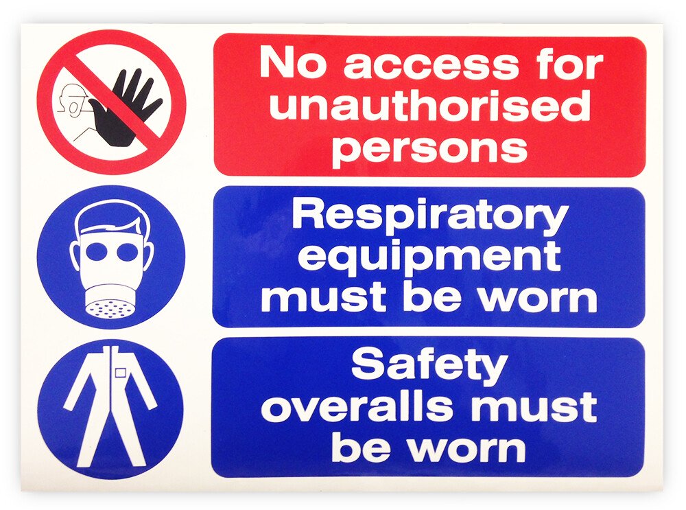 JSP CLOFF1249 Self Adhesive "No Access, Respiratory Equip & Safety Overalls" Safety Sign 350x220mm