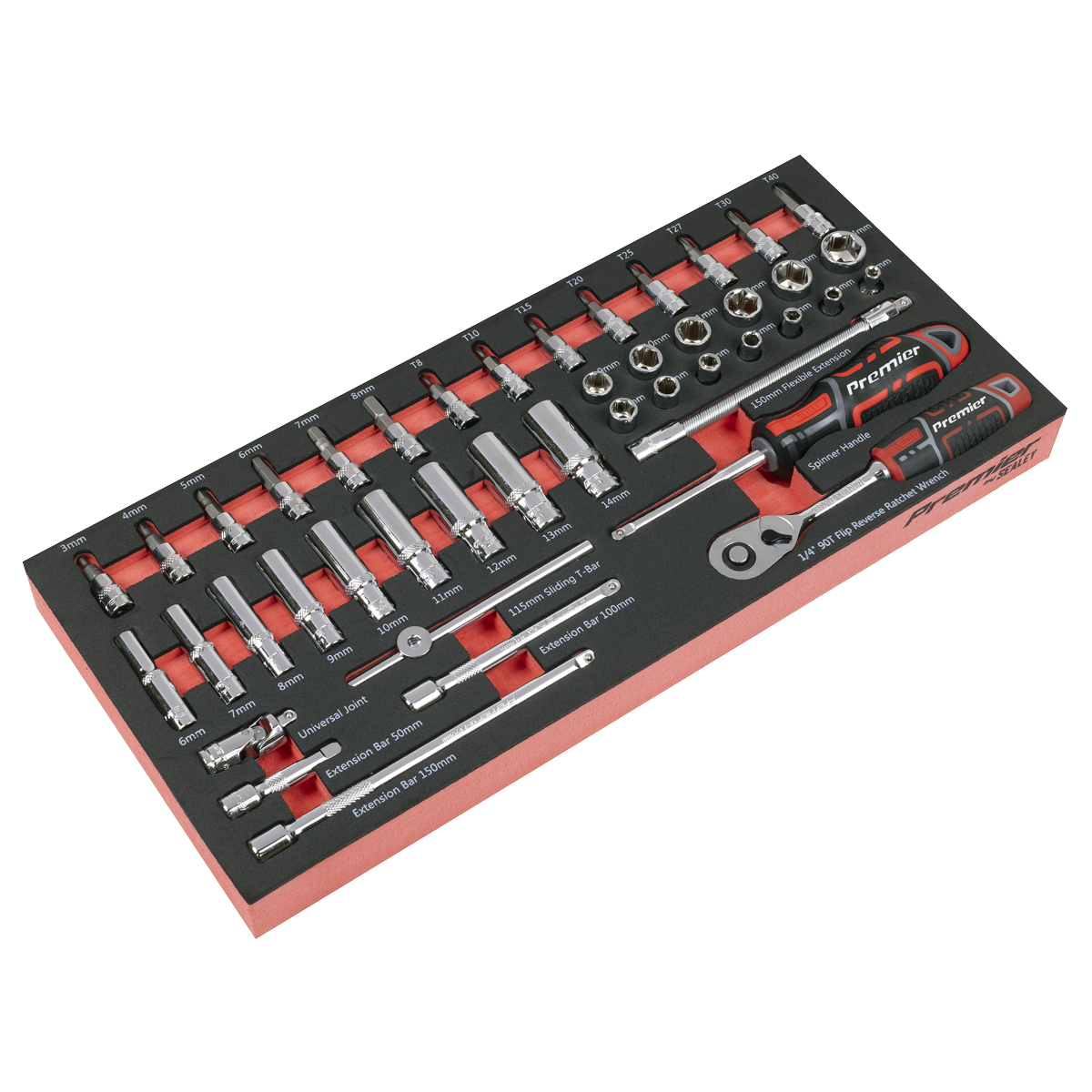 Sealey TBT40 Premier Socket Set with Tool Tray 1/4"Sq Drive 44pc