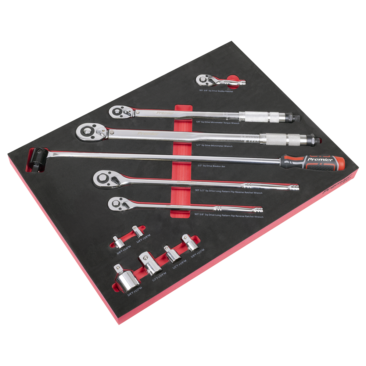 Sealey TBT45 Premier Ratchet, Torque Wrench, Breaker Bar & Socket Adaptor Set with Tool Tray 3/8"Sq & 1/2"Sq Drive 12pc