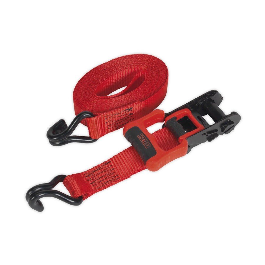 Sealey TD41248JD Ratchet Tie Down 32mm x 4.9mtr Polyester Webbing with J Hooks 1200kg Load Test - 2 Pairs
