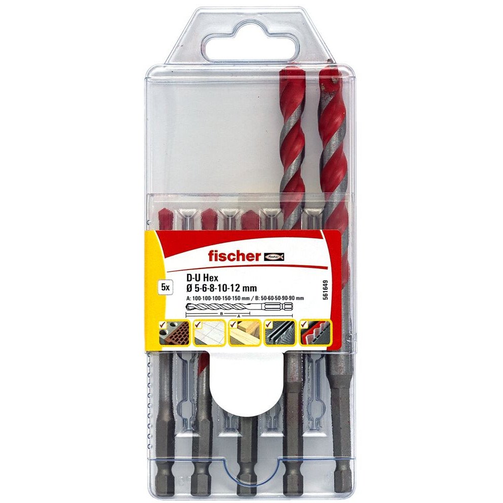 Fischer 561649 Universal Drill Bit D-U Hex Set 5-12 mm (5 pcs) For Brick/Wood/Tiles/Plastics/Steel/Concrete