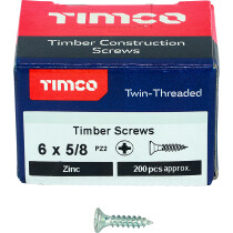 No. 6 x 5/8" Twin Woodscrew PZ2 CSK - BZP (Box of 200) 00658CWZ Timco