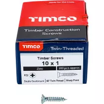 No. 10 x 1" Twin Woodscrew PZ2 CSK - BZP (Box of 200) 00101CWZ Timco