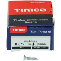 No. 6 x 3/4" Twin Woodscrew PZ2 CSK - BZP (Box of 200) 00634CWZ Timco