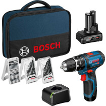 Bosch GSB12V-15 12V 2-Speed Combi Drill with 1x 2.0Ah & 1x 4.0Ah batteries and 3x Accessory Sets in Tool Bag