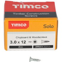 3.0mm x 12mm Solo Woodscrew PZ1 CSK - BZP (Box of 200) 30012SOLOZ Timco