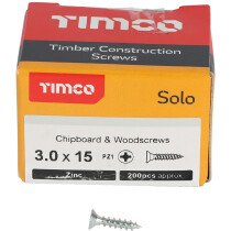 3.0mm x 15mm Solo Woodscrew PZ1 CSK - BZP (Box of 200) 30015SOLOZ Timco