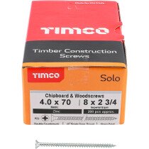 4.0mm x 70mm Solo Woodscrew PZ2 CSK - BZP (Box of 200) 40070SOLOZ Timco