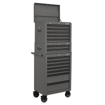 Sealey APSTACKTGR Topchest, Mid-Box Tool Chest & Rollcab Combination 14 Drawer with Ball-Bearing Slides - Grey