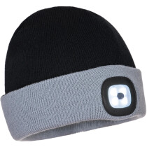 Portwest B034 - Two Tone LED Rechargeable Beanie Hat - Black/Grey
