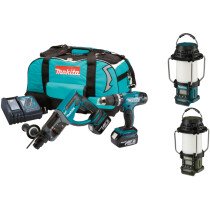 Makita DLX2025T 18V Twinkit SDS Hammer Drill + Combi Drill with 2x 5.0Ah Batteries in LXT Toolbag with DMR055 Radio Lantern