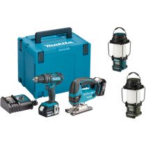 Makita DLX2134TJ 18V Twin Kit Combi drill and Jigsaw with 2x 5.0Ah Batteries in MakPac Stacking Case + LED Radio Lantern