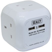 Sealey EL144USB Extension Cable Cube 1.4mtr 4 x 230V + 2 x USB Sockets - White