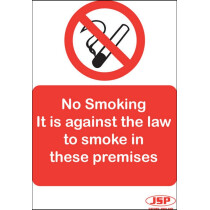 JSP Rigid Plastic "No Smoking -It is against the law" Safety Sign 210x149mm