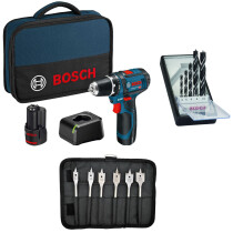 Bosch GSR 12V-15 12V Drill/Driver with 2x 2.0Ah in Tool Bag WITH 5pc Drill Bit Set and 6pc Self Cutting Flat/Spade Drill Bit Set