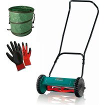 Bosch AHM 38G Push Hand Lawn Mower 38cm Cut Width with Gloves and Pop Up Garden Sack