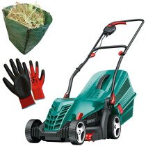 Bosch Rotak 34 R with Gloves and Garden Sack 1300W 34cm Lawnmower