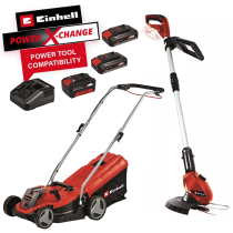 Einhell GE-CT18Li Grass Trimmer + GE-CM18/33 18V 33cm Lawn Mower with 1x 4.0Ah + 2x 2.5Ah Li-ion Batteries and Charger