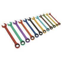 Sealey S01075 Ratchet Combination Spanner Set 12pc Multi-Coloured Metric