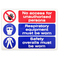 JSP CLOFF1249 Self Adhesive "No Access, Respiratory Equip & Safety Overalls" Safety Sign 350x220mm