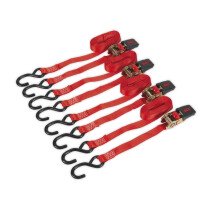 Sealey TD484SD Ratchet Tie Down 25mm x 4mtr Polyester Webbing with S Hooks 800kg Load Test - 2 Pairs