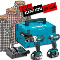 Makita DLX2145TJ 18V LXT Twinkit Combi Drill + Impact Driver, 2x 5.0Ah Batteries, Charger in Makpac Case with Hooded Lined Shirt