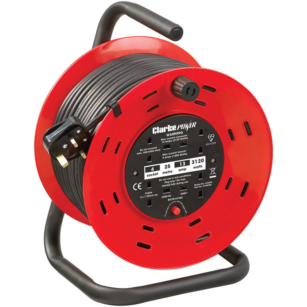 Clarke 6155326 CCR25 4 Socket 25m Cable Reel With Thermal Cut Out 230V