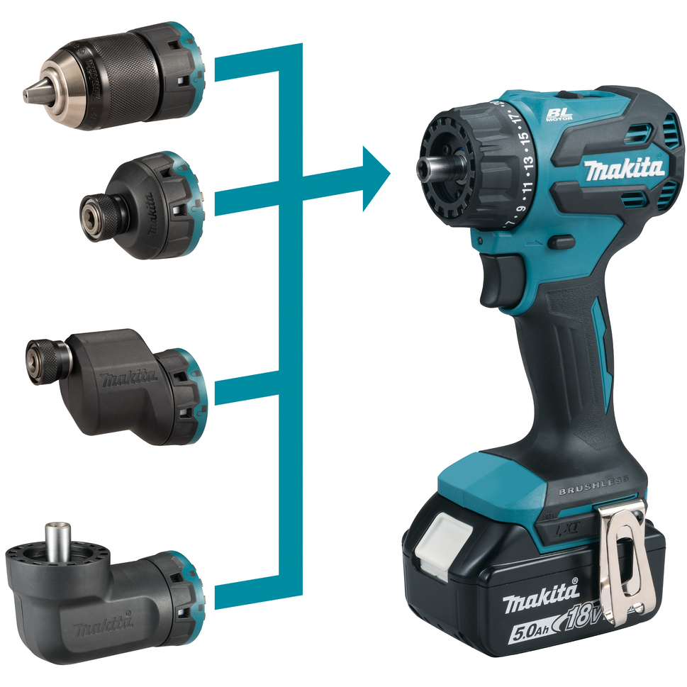 Makita DDF491RTJ 18V LXT Interchangeable head Drill / Driver with 2x 5.0Ah Batteries and Charger in Makpac Case