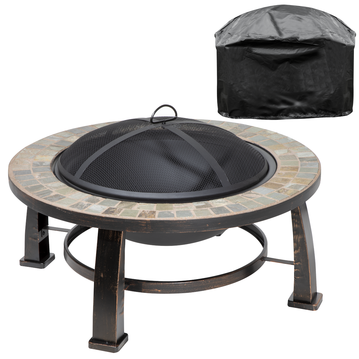 Sealey DG240 Dellonda 30" Deluxe Traditional Style Fire Pit, Fireplace, Outdoor Heater with Fire Poker , Safety Mesh Screen & Drawstring Cover - Slate Top