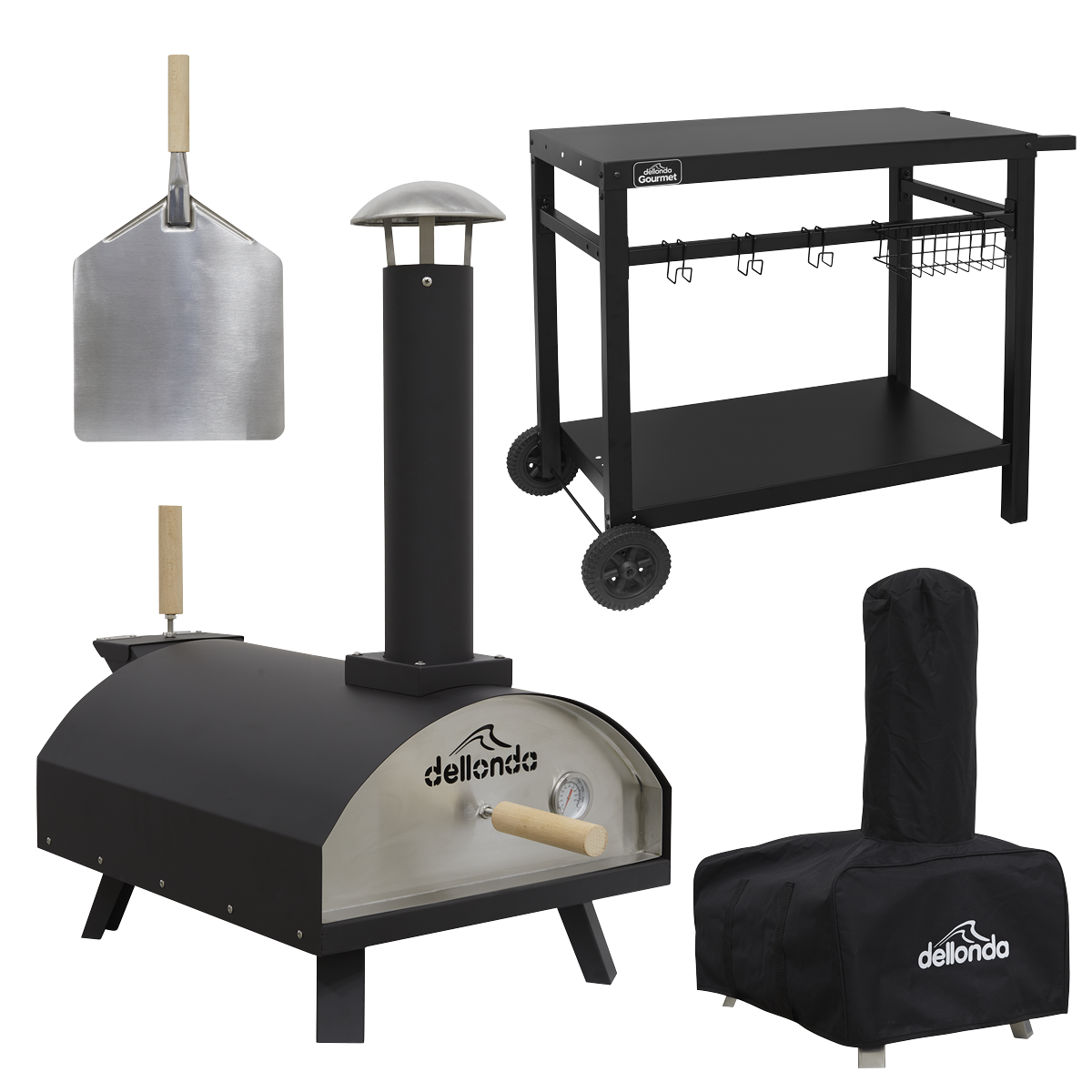 Sealey DG258 Dellonda Wood-Fired Pizza Oven, Pizza Peel, Cover & Plancha Trolley 14" - Black