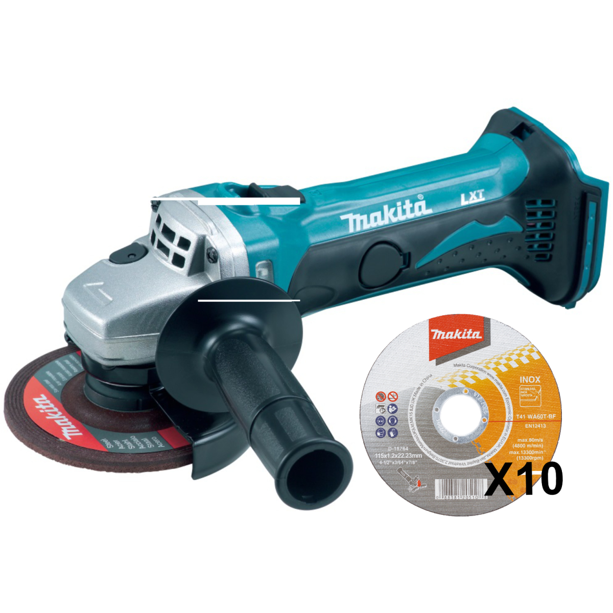 Makita DGA452Z Body Only 18V LXT 115mm Angle Grinder with 10x Makita Inox Thin Cutting Discs