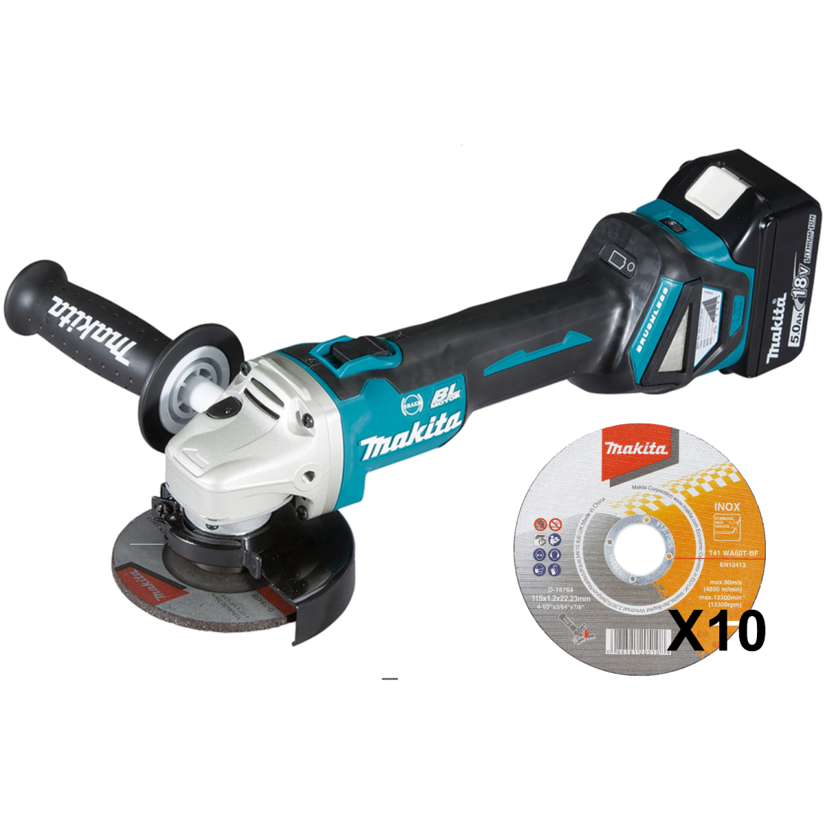 Makita DGA463Z Body Only 18V LXT Brushless 115mm Angle Grinder with 10x Makita Inox Thin Cutting Discs
