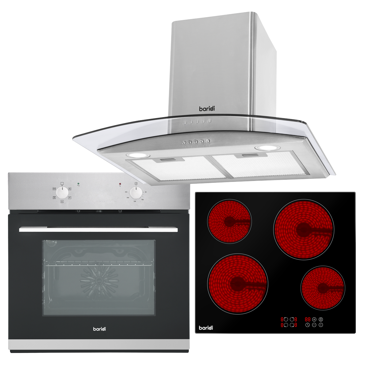Sealey DH187 Baridi Integrated Ceramic Hob with 4 Cooking Zones, Integrated Fan-Assisted Electric Oven & Curved Glass Cooker Hood with Carbon Filters & LED Lights