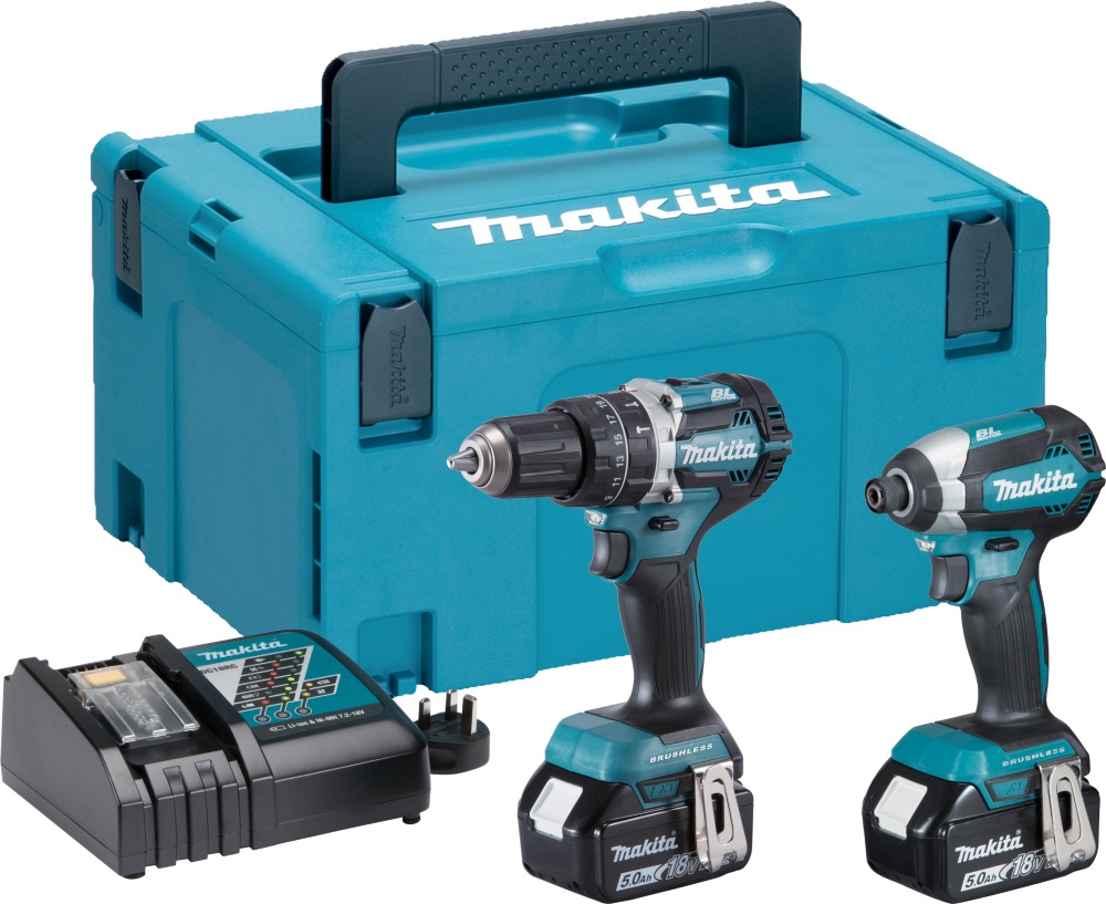 Makita DLX2180TJ 18V LXT Brushless Twinkit Combi Drill + Impact Driver with 2x 5.0Ah Batteries in MakPac Stacking Case