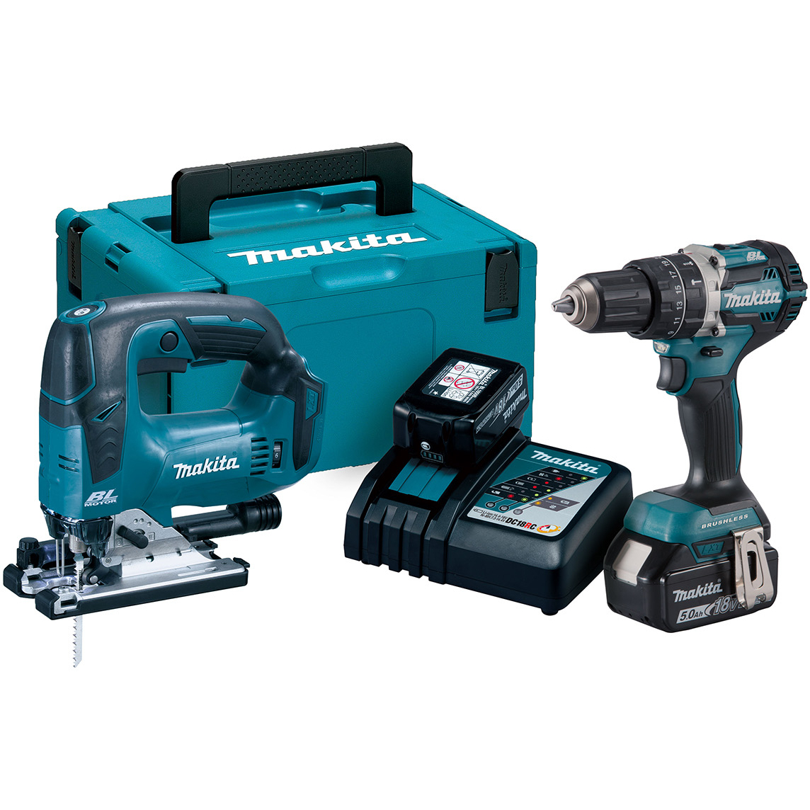 Makita DLX2202TJ1 18V LXT Brushless Combo Kit (Combi Drill and Jigsaw) with 2x 5.0Ah Batteries in Makpac Case