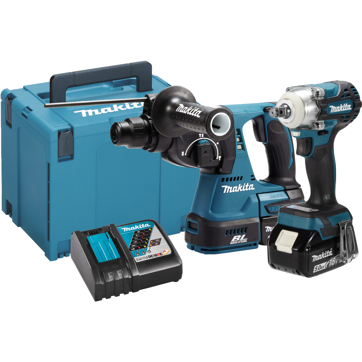 Makita DLX2372TJ 18v LXT Twinkit, SDS Hammer Drill + Impact Wrench with 2x 5.0ah Batteries and Charger in Makpac Case