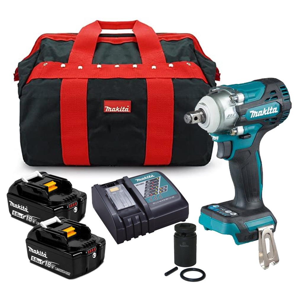 Makita DTW300TX2 18V LXT 1/2" Impact Wrench with 2x 5.0Ah Batteries and 21mm Socket in Toolbag
