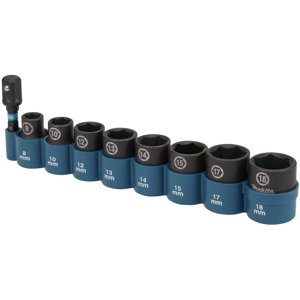 Makita E-16639 Impact Black Socket Set 8 Piece 3/8" Square Drive with Adaptor
