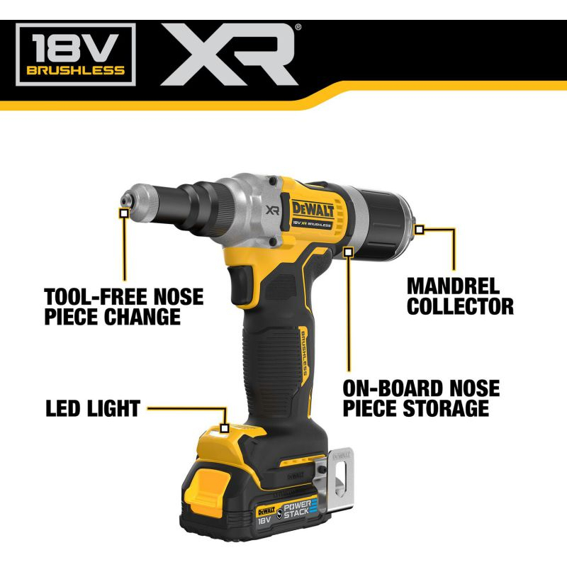 DeWalt DCF414E2T-GB 18v XR 1/4" (6.3mm) Brushless Riveter - 2 x Compact Powerstacks In TSTAK