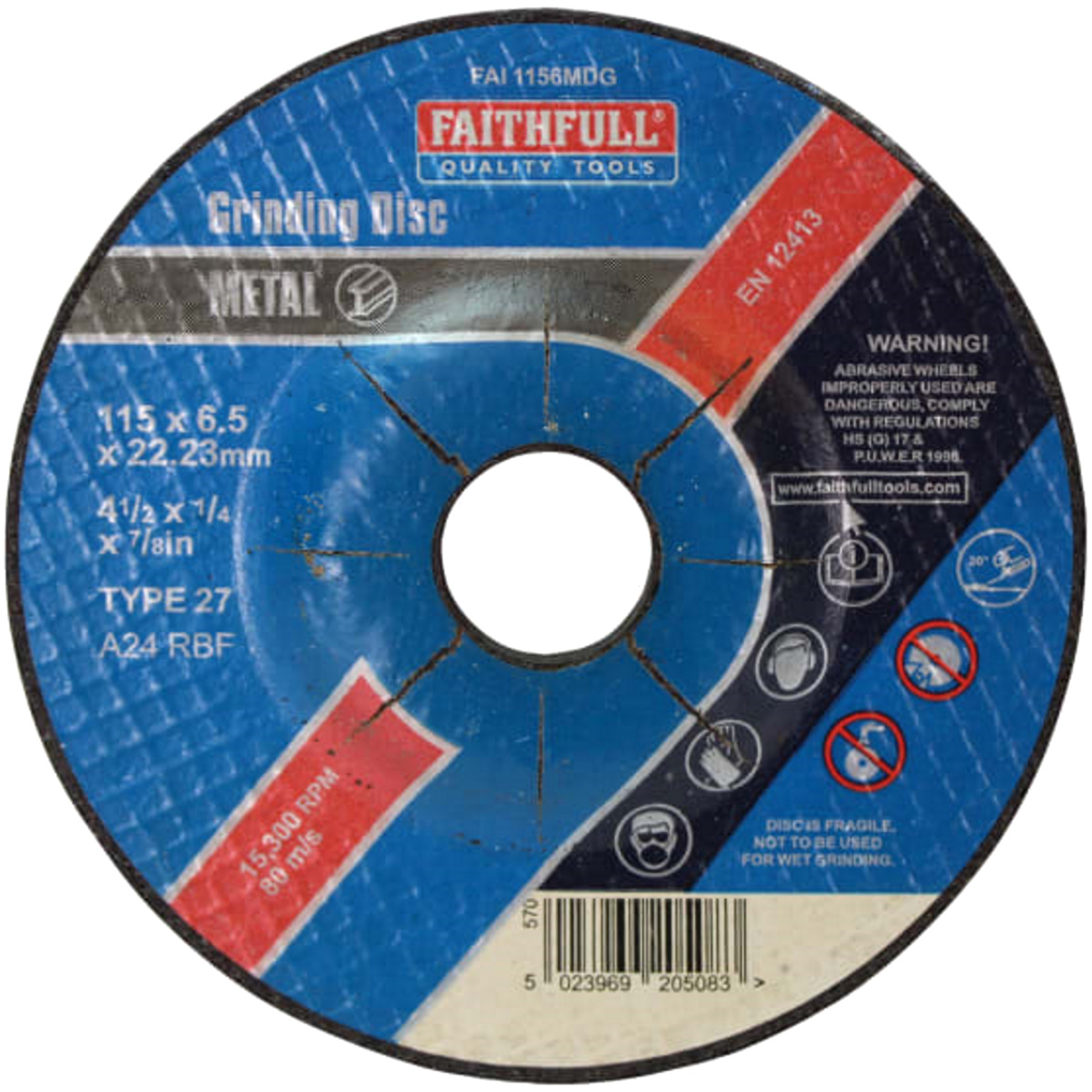 Faithfull FAI1156MDG Grinding Disc for Metal - Depressed Centre 115 x 6.5mm x 22.23mm