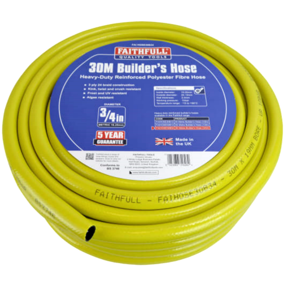 Faithfull FAIHOSE30B34 Heavy-Duty Reinforced Builder's Hose 30m 19mm (3/4in) Diameter
