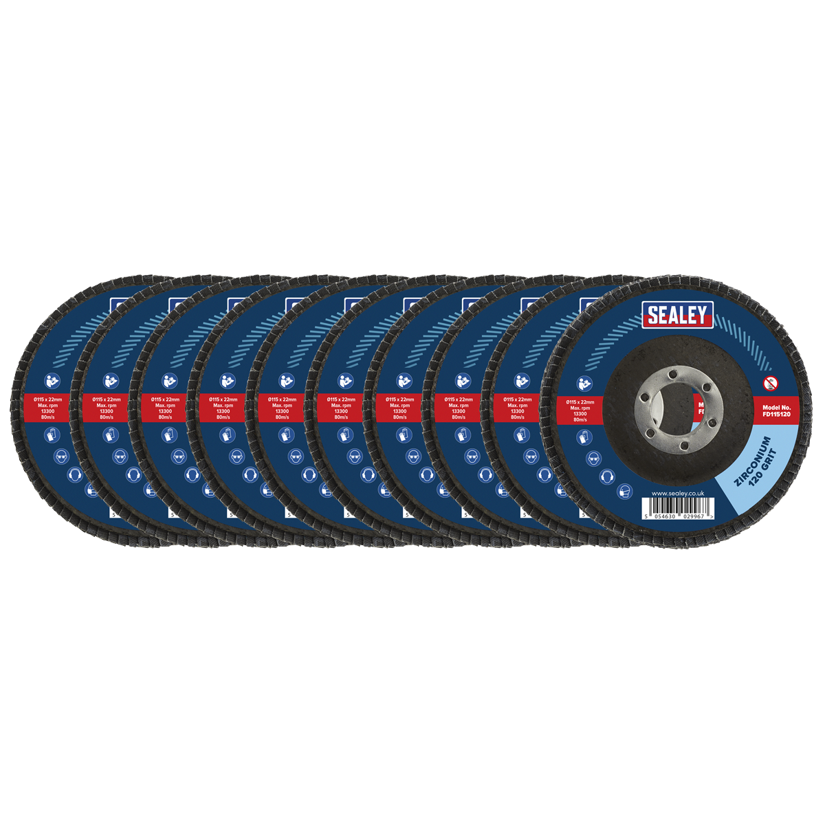 Sealey FD11512010 120Grit Flap Discs Zirconium &oslash;115mm &oslash;22mm Bore - Pack of 10