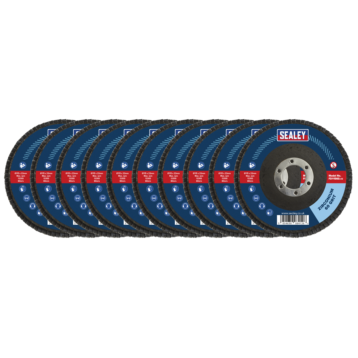 Sealey FD1156010 60Grit Flap Discs Zirconium &oslash;115mm &oslash;22mm Bore - Pack of 10